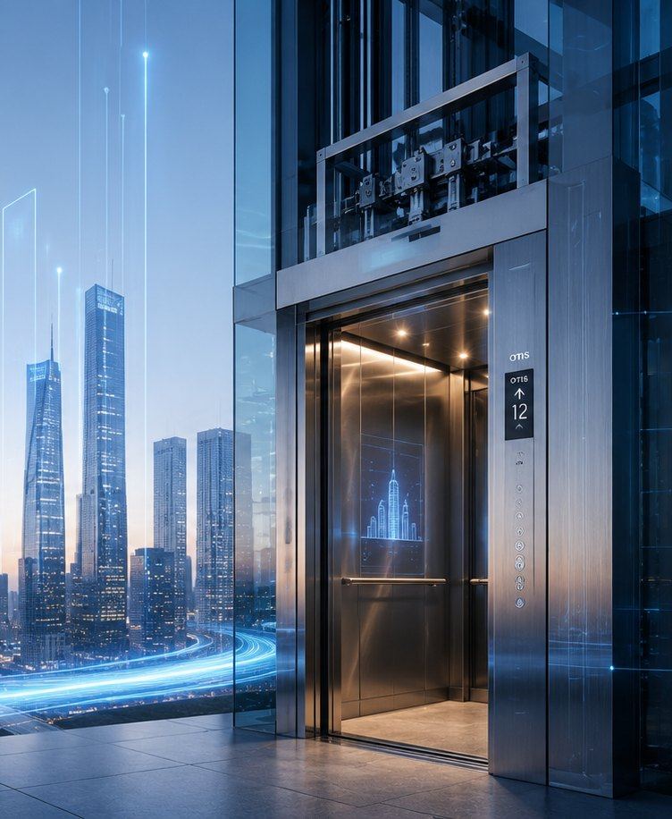 OTIS elevator against a city skyline